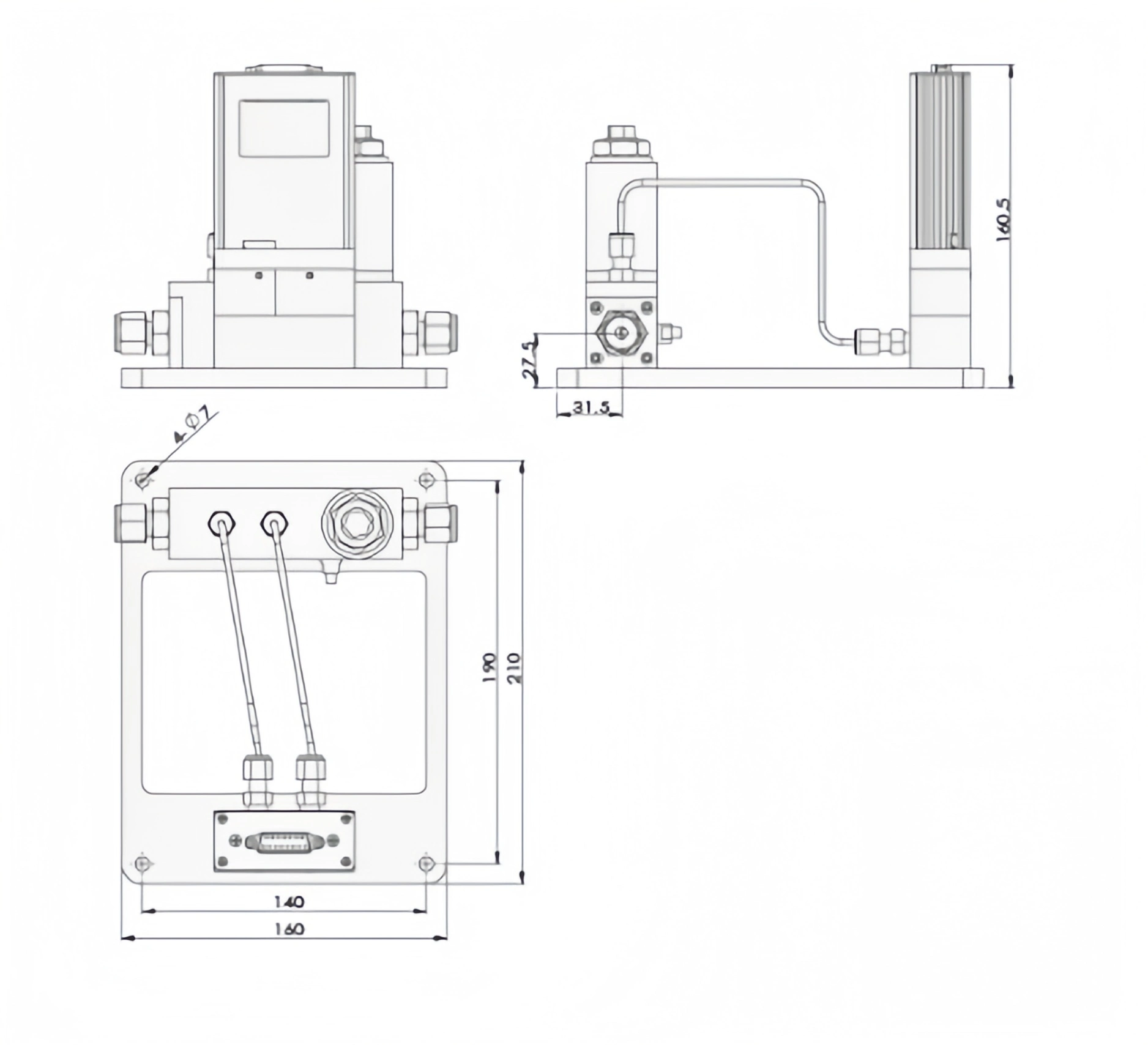 SI-10HT-MC High Temperature Mass Flow Controller-Meter Split Dimension