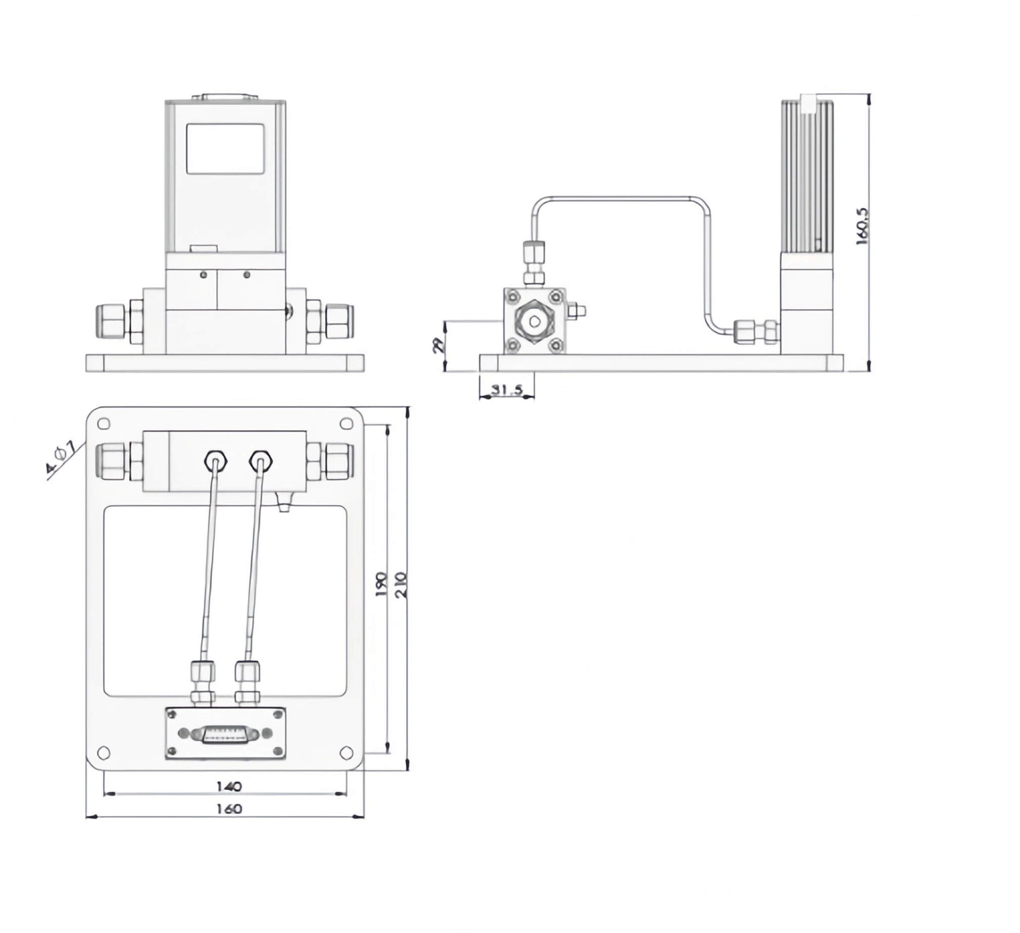 SI-10HT-MM High Temperature Mass Flow Controller-Meter Split Dimension